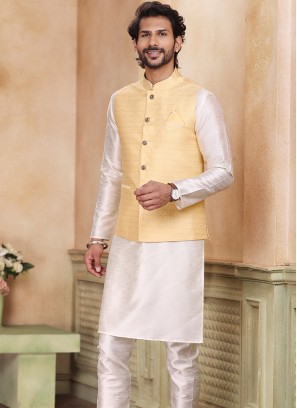 Appealing Yellow Banarasi Jaquard silk with chudidar 3pcs Jacket set.
