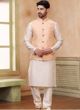 Attractive Peach Banarasi Jaquard silk with chudidar 3pcs Jacket set.