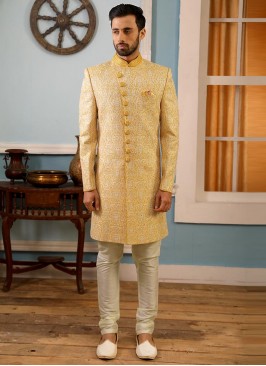 Attractive Yellow Color Function Wear Fancy Indo Western Suit