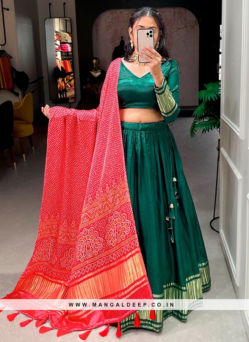 Attrictive Green lagdipatta print gajji silk festtive wear lehenga choli.
