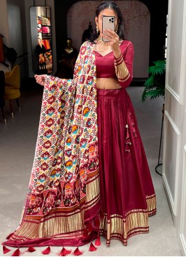 Attrictive Maroon lagdipatta print gajji silk festtive wear lehenga choli.