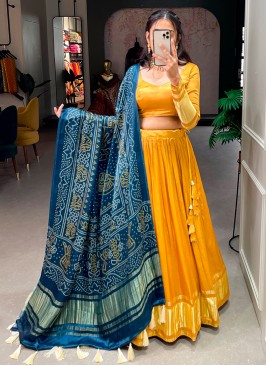 Attrictive Mustard lagdipatta print gajji silk festtive wear lehenga choli.