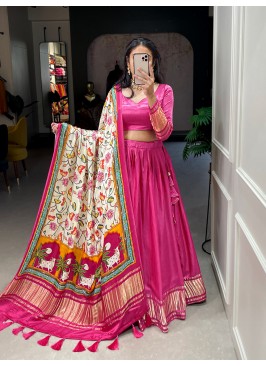 Attrictive pink lagdipatta print gajji silk festti