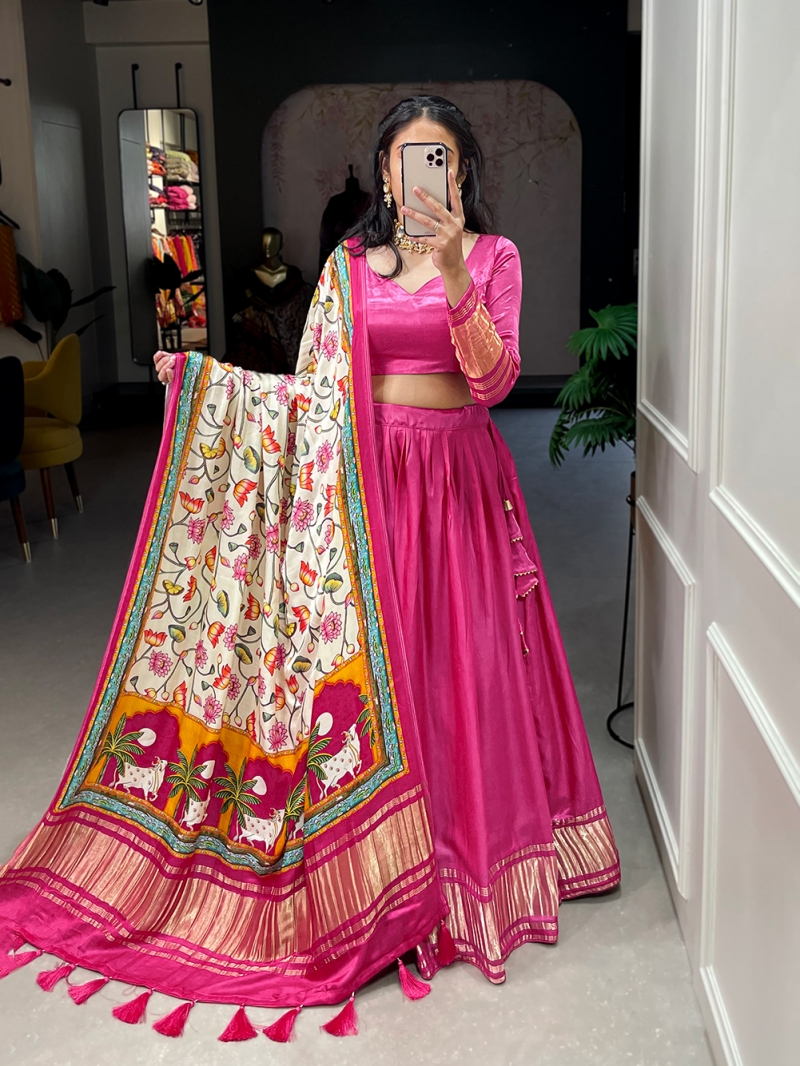 Attrictive pink lagdipatta print gajji silk festtive wear lehenga choli.
