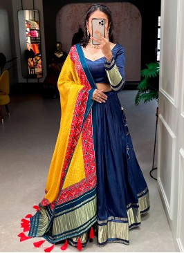 Attrictive Navy Blue lagdipatta print gajji silk festtive wear lehenga choli.