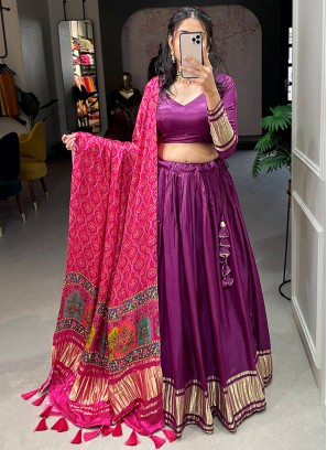 Attrictive purple lagdipatta print gajji silk festtive wear lehenga choli.