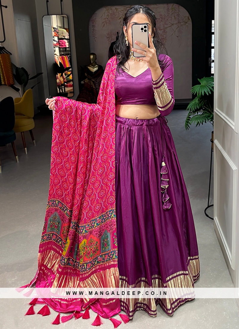 Attrictive purple lagdipatta print gajji silk festtive wear lehenga choli.