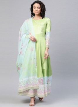 Auspicious Digital Print Sea Green Poly Silk Party Wear Kurti