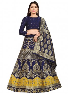 Auspicious Jacquard Navy Blue Jacquard Work Lehenga Choli