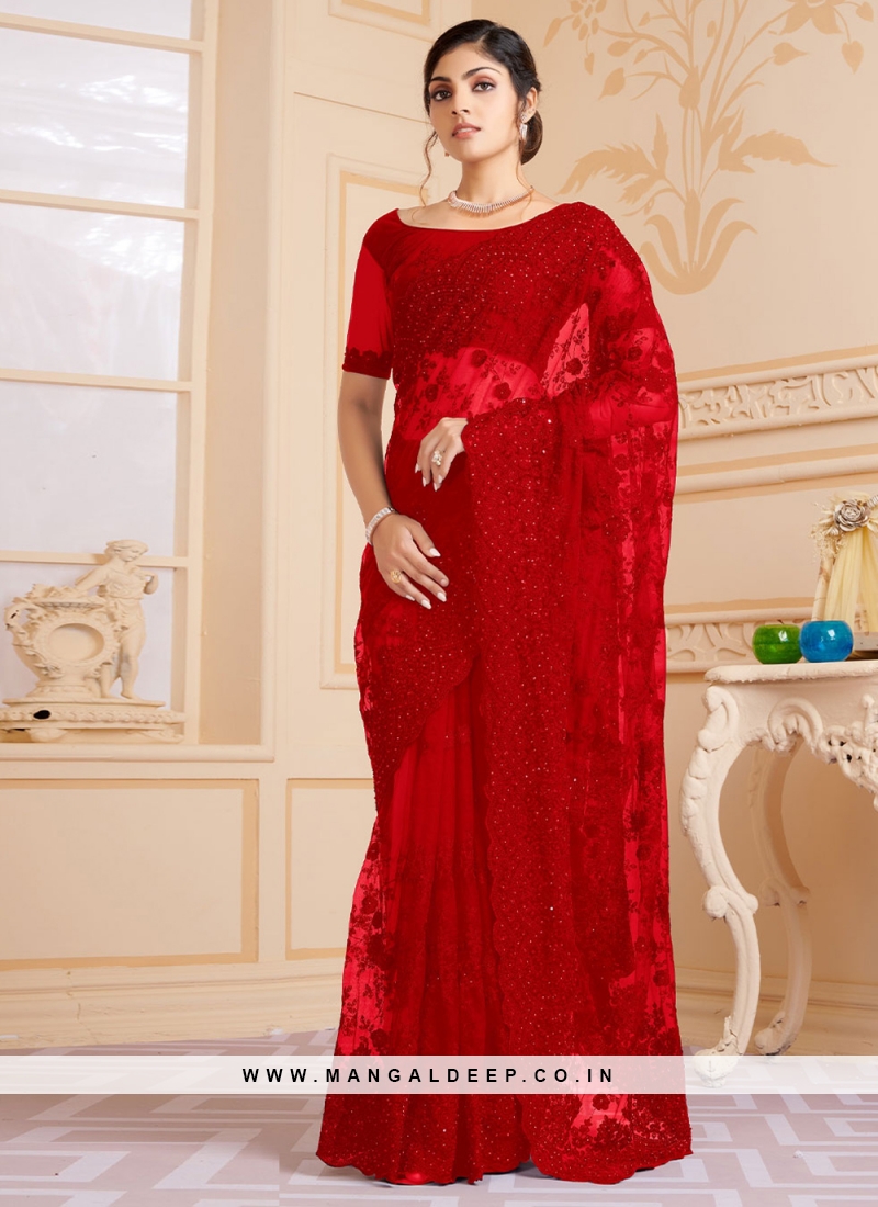 Buy Kollywood Nayanthara Inspired red net embroidered saree in UK USA and  Canada