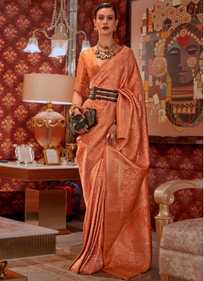 Auspicious Orange Weaving Nylon Trendy Saree