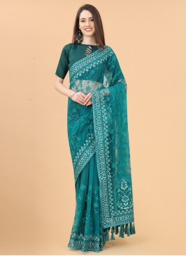 Auspicious Turquoise Aari Net Contemporary Saree