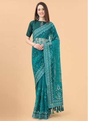 Auspicious Turquoise Aari Net Contemporary Saree
