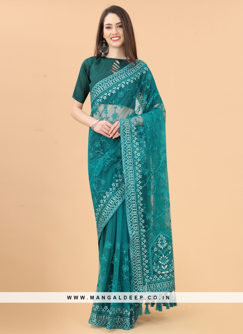 Auspicious Turquoise Aari Net Contemporary Saree