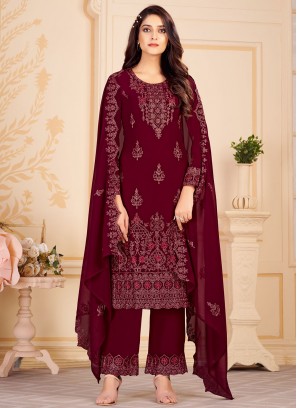 Awesome Faux Georgette Embroidered Straight Salwar Kameez