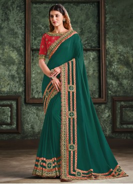 Awesome Green Satin Silk Designer Bridal Sarees