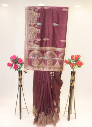 Awesome Wine Color Banarasi Silk Saree For Wedding