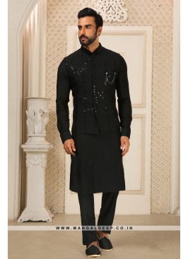 Balck Royal Regalia Men's Embroidered Kurta Pyjama with Mirror Work Jacket Set