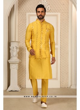 Yellow Royal Regalia Men's Embroidered Kurta Pyjama with Mirror Work Jacket Set