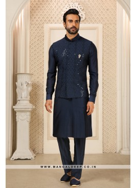 Navy Blue Royal Regalia Men's Embroidered Kurta Pyjama with Mirror Work Jacket Set