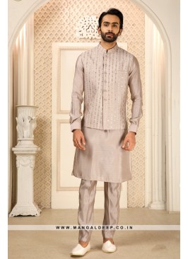 Light Taupe Royal Regalia Men's Embroidered Kurta Pyjama with Mirror Work Jacket Set