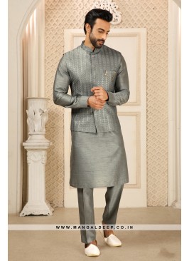 Men's Charcoal Grey Ethnic Motifs Kurta with Pyjamas & Nehru Jacket