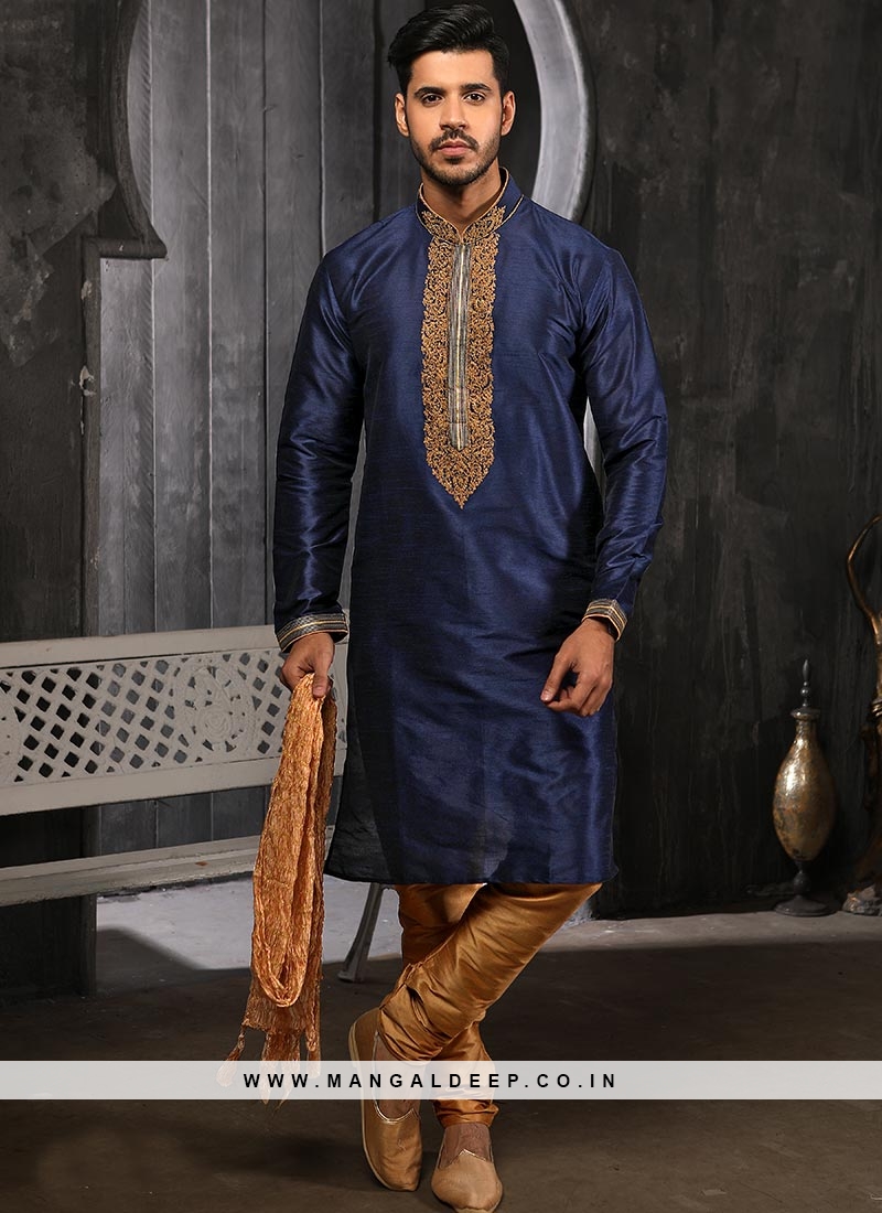 Wedding Function Wear Blue Color Embroidered Kurta Pajama