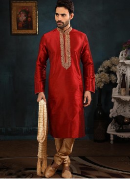Banarasi Art Silk Function Wear Maroon Color Kurta Pajama