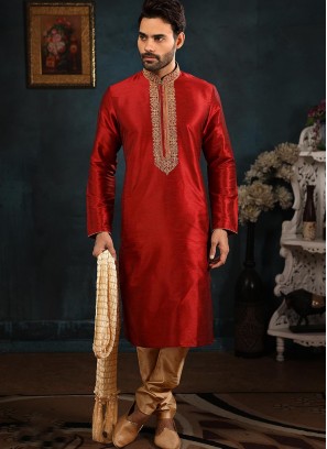 Banarasi Art Silk Function Wear Maroon Color Kurta Pajama