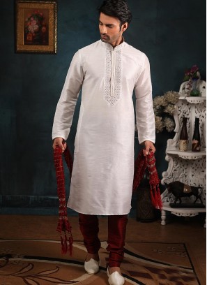 Banarasi Art Silk Function Wear Off White Color Kurta Pajama