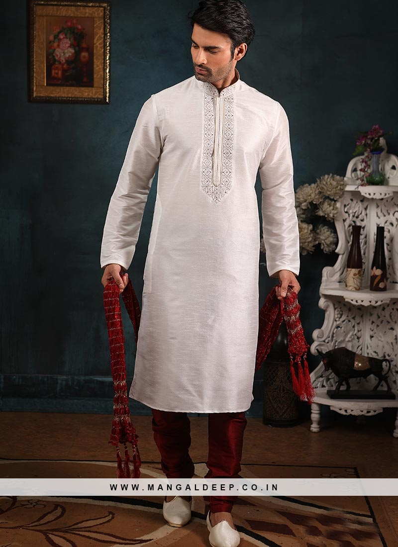 Banarasi Art Silk Function Wear Off White Color Kurta Pajama