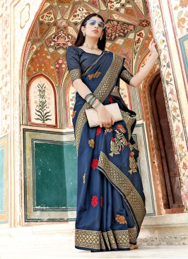 Banarasi Silk Blue Weaving Traditional Designer Saree