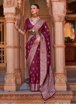 Banarasi Silk Burgundy Woven Contemporary Saree