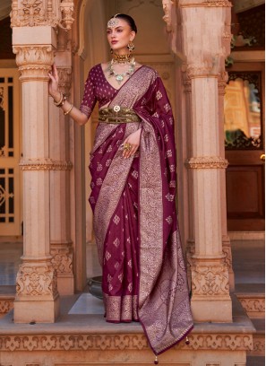 Banarasi Silk Burgundy Woven Contemporary Saree