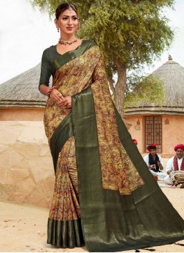 Banarasi Silk Digital Print Green Contemporary Style Saree