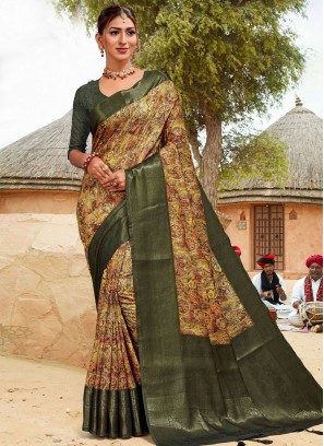 Banarasi Silk Digital Print Green Contemporary Style Saree