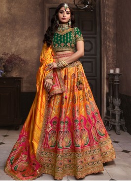 Banarasi Silk Embroidered Mustard and Pink Lehenga