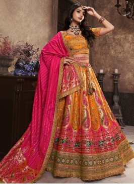 Banarasi Silk Embroidered Trendy Lehenga Choli in Yellow