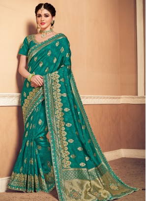 Banarasi Silk Festive Wear Designer Saree In Green Color