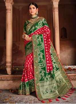 Banarasi Silk Green and Red Embroidered Designer Saree