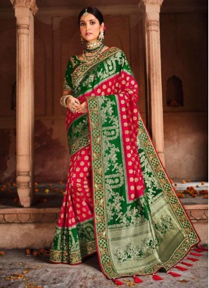 Banarasi Silk Green and Red Embroidered Designer Saree