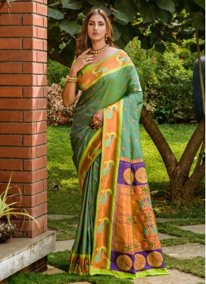 Banarasi Silk Green Jacquard Work Contemporary Saree