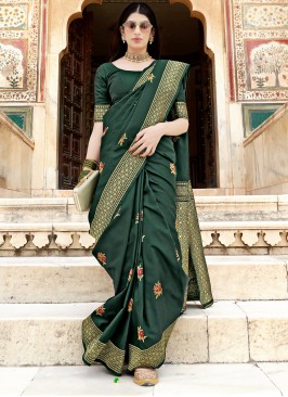 Banarasi Silk Green Weaving Designer Traditional Saree