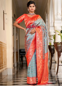 Banarasi Silk Jacquard Work Grey and Orange Trendy