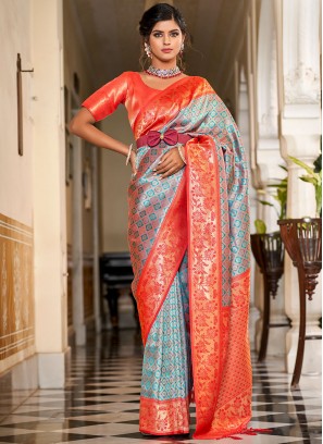 Banarasi Silk Jacquard Work Grey and Orange Trendy Saree