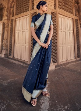Banarasi Silk Navy Blue Weaving Contemporary Saree