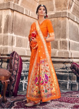Banarasi Silk Orange Weaving Classic Designer Saree