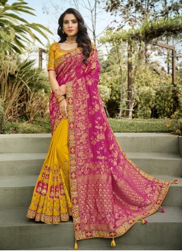 Banarasi Silk Patch Border Hot Pink and Yellow Half N Half Designer Saree