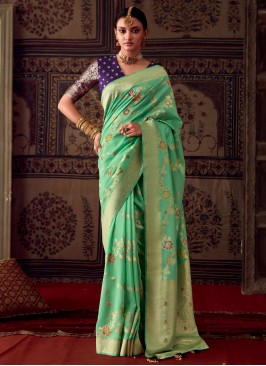 Banarasi Silk Sea Green Weaving Classic Saree