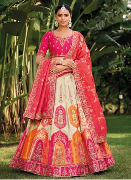 Banarasi Silk Sequins Cream and Pink A Line Leheng